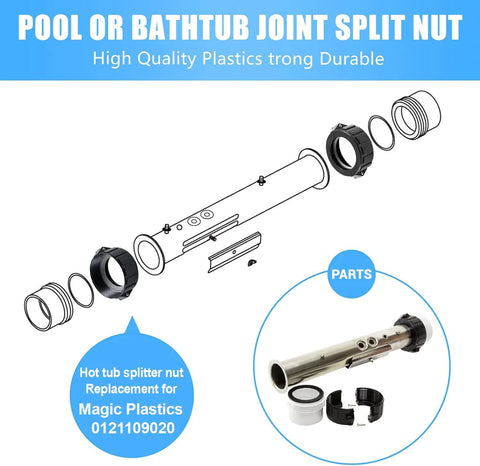 Fuoequl hot tub split nut 2-inch assembly exploded view with seals, rings, and mounting hardware for Balboa Gecko heater