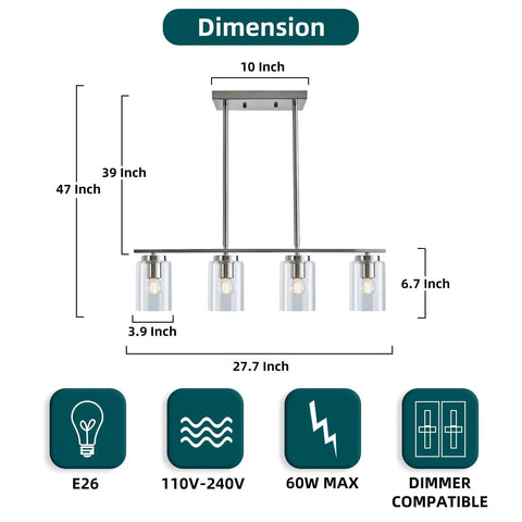 Dimensions of Four Light Brushed Nickel Island Pendant Lights With Clear Glass Shades For Kitchen Island showcasing size details.