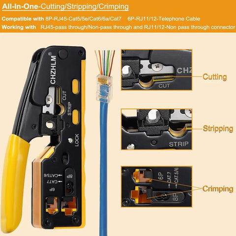 DIY Ready RJ45 Crimp Tool Pass Through Kit With 50 Connectors And Cable Tester 6P8P Multi Function Cat5e Cat6 Crimping Tool close-up
