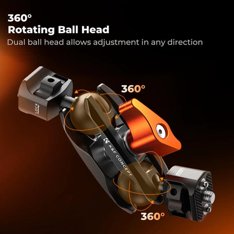 Dual Ball Head Magic Arm For Cameras And Microphones, adjustable 360° rotating mount with 1/4 inch threads
