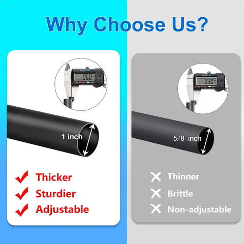 Comparison of Adjustable Aluminum Curtain Rod Set With Nine Interlocking Pieces, 1 inch vs. 5/8 inch, showing thickness and adjustability.