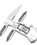 Badass Heavy Duty Digital Caliper Gauge For Edge Center Distance And Cone Hole Centerline Measuring With Dead Nuts Accurate Readings Across Five To Three Hundred Millimeters, showing digital readout and measuring tips.