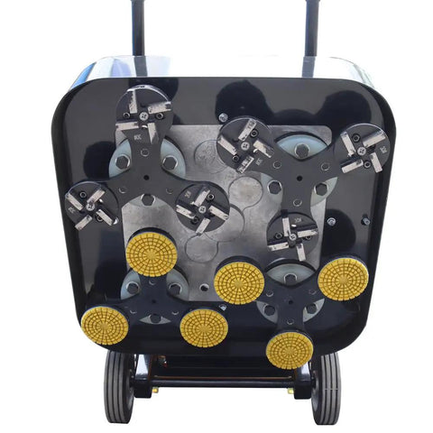 Underside view of Walk Behind Concrete Floor Grinder With 12 Grinding Heads, showing grinding discs and wheels.