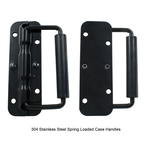 Two Piece Black Spring Loaded Case Handles With Rubber Grip, 304 Stainless Steel Surface Mount Chest Handles, 122mm Length