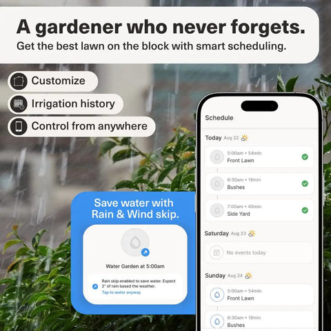 App Controlled Smart Lawn Sprinkler System With Solar Power displayed on smartphone showing rain skip feature and watering schedule.
