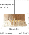 YAXDQUW Nordic Style Hemp Rope Pendant Light Hand‑Woven Cotton Tassel Shade with adjustable hanging cord and E27 socket.