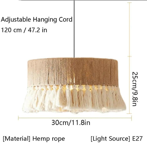 YAXDQUW Nordic Style Hemp Rope Pendant Light Hand‑Woven Cotton Tassel Shade with adjustable hanging cord and E27 socket.