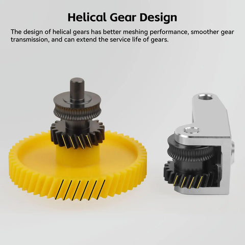 Hardened Steel Extruder Gear For P1 Series 3D Printers with helical gear design and yellow gear wheel, showing high filament flow.