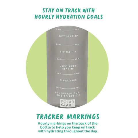 Close-up of hourly markings on 1L Hydration Tracker Bottle With Flip Up Straw, Hourly Markings, And Easy Sip Tech For Workouts, Runs, Hikes