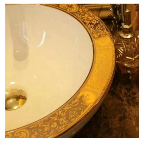 Close-up view of the USZWBY Bathroom Vessel Sink, Basin Sink Golden Edge Artistc Porcelain Countertop thick wall with decorative gold rim.