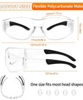 Clear Safety Glasses Bulk Pack 24 Pairs Go-To Eye Protection For Lab Construction ANSI Z87.1 showcasing dimensions and flexible polycarbonate material.