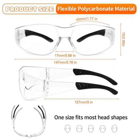 Clear Safety Glasses Bulk Pack 24 Pairs Go-To Eye Protection For Lab Construction ANSI Z87.1 showcasing dimensions and flexible polycarbonate material.