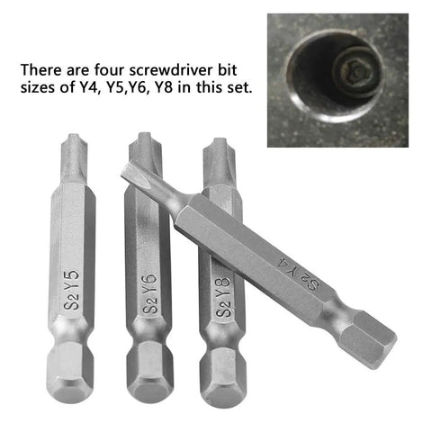 Kickstart Your DIY Game With This 4PCS Y-Type Screwdriver Bit Set, Featuring Heavy-Duty Chrome Alloy Steel That Never Strips And Fits Standard 1/4 Inch Cordless Drills For Secure Security Fastening Jobs. Y4-Y8 bits shown for anti-theft screws, 1/4 inch hex