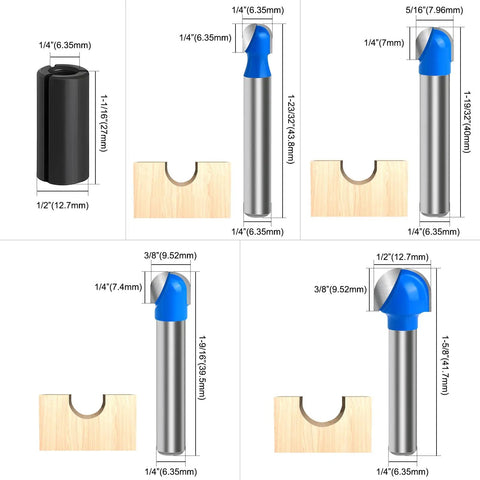Box Router Bit Set 8 Pc Solid Carbide 1/4 Inch Shank Woodworking Bits With 1/4 to 1 inch round nose double flute