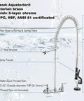 Pro Grade Wall Mount Pre Rinse Kitchen Faucet With Pull Down Sprayer, Brass Construction, 12 in wall bracket, 8 in adjustable center
