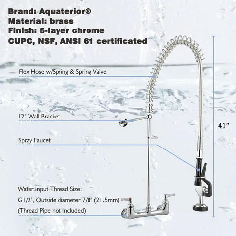 Pro Grade Wall Mount Pre Rinse Kitchen Faucet With Pull Down Sprayer, Brass Construction, 12 in wall bracket, 8 in adjustable center