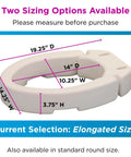 Hinged Raised Toilet Seat Riser 3.5 Inch Lift Up And Down Elongated White with dimensions labeled for elongated size