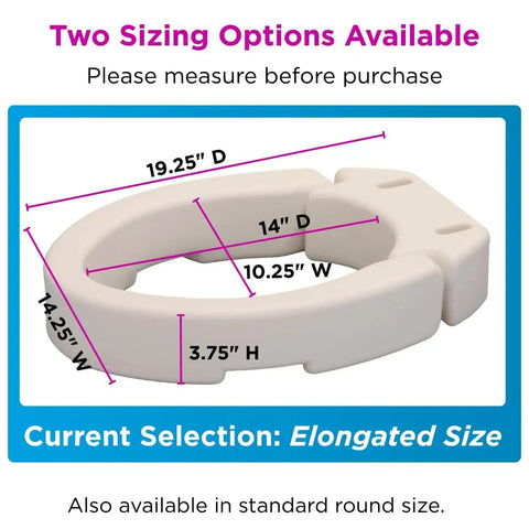 Hinged Raised Toilet Seat Riser 3.5 Inch Lift Up And Down Elongated White with dimensions labeled for elongated size