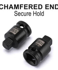 Close-up of chamfered end sockets from 11-Piece Three Eighths Inch Drive SAE Pipe Plug Socket Set With Tapered Male Square Drive And Chamfered Female Square Drive In Chrome Molybdenum Steel With Black Phosphate Finish Heavy Duty Pro Grade Auto Shop Gear For Everyday Maintenance.