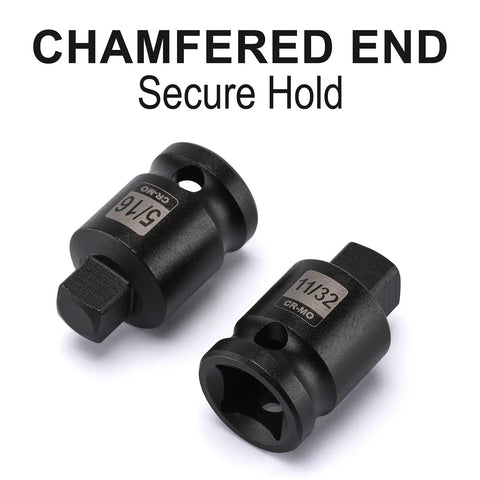 Close-up of chamfered end sockets from 11-Piece Three Eighths Inch Drive SAE Pipe Plug Socket Set With Tapered Male Square Drive And Chamfered Female Square Drive In Chrome Molybdenum Steel With Black Phosphate Finish Heavy Duty Pro Grade Auto Shop Gear For Everyday Maintenance.