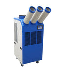 Heavy Duty Portable Air Conditioner With Large Water Tank, Bad Boy Commercial Spot Cooler For Hospitals And Outdoor Events, Easy Roll Casters, 220V Rig, Total No Sweat Cooling Performance with three exhaust tubes.