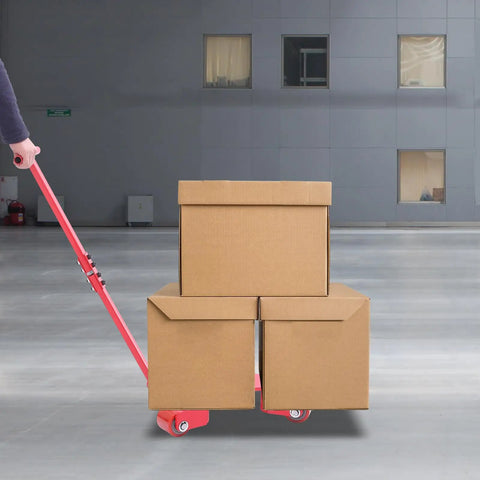 Heavy Duty Three Wheel Machinery Mover Dolly Handling Two Ton Loads With Grippy Swivel Handle And Rock Solid Pu Caster Wheels moving stacked cardboard boxes.