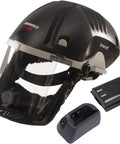 Airshield Pro Respirator and Face Shield Bundle With Extra Battery Charging Cradle and Eight Hour Rechargeable Battery For All Day Comfort Bearded Friendly PPE Kit With Spare Six Hour Battery and Long Wear Protection front view.