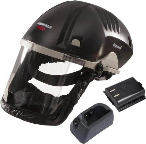 Airshield Pro Respirator and Face Shield Bundle With Extra Battery Charging Cradle and Eight Hour Rechargeable Battery For All Day Comfort Bearded Friendly PPE Kit With Spare Six Hour Battery and Long Wear Protection front view.