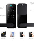 Front and back view of Keyless Bluetooth Smart Door Lock With Fingerprint Access And App Control, with touchscreen keypad