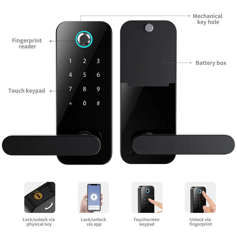 Front and back view of Keyless Bluetooth Smart Door Lock With Fingerprint Access And App Control, with touchscreen keypad