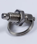 Close-up of a Four Pack Heavy Duty Stainless Steel Spring Plunger Knob with pull ring for part clamping and alignment.