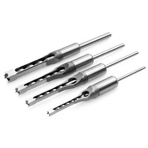 Four Piece Square Hole Drill Bit Set Made From Heat Treated High Speed Steel with hollow chisel design for smooth drilling.