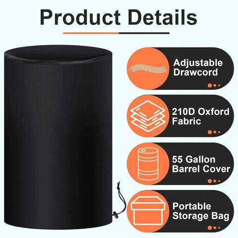 Built Tough 55 Gallon Drum Cover For Outdoor Water Storage Barrel With Grip Tight Drawstring Closure, black 210D Oxford fabric.