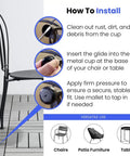 Installation of Deluxe Wrought Iron Patio Chair Glides For One And A Half Inch Cup Round Plastic Leg Caps on outdoor furniture.