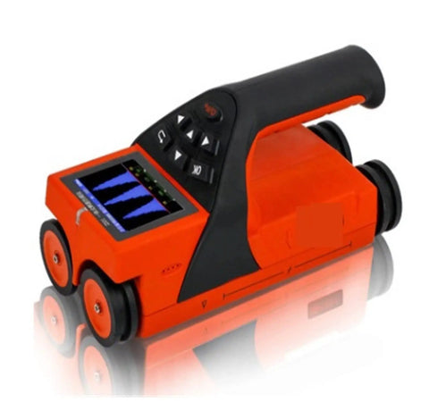 Fully Automatic Handheld Stud Finder And Wall Scanner For Concrete Metal And Rebar Detection With Bullseye Accuracy and steel thickness mapping shown in orange, compact design.