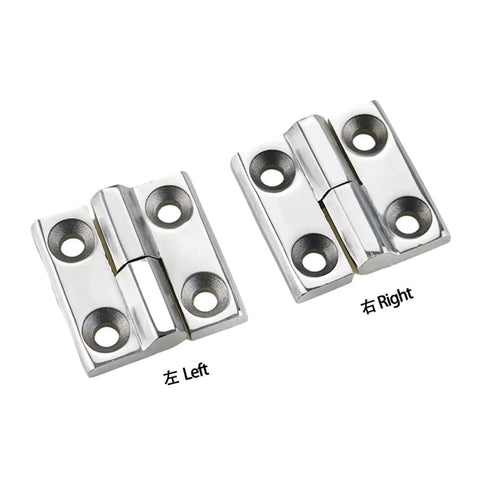Removable stainless steel hinge pair for heavy-duty equipment; left and right halves with four screw holes each.