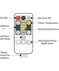 Remote control for Tunable White LED Strip Light 16.4 Ft Warm To Cool White, button functions labeled for convenience.