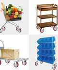 Collage of four wheeled storage items: grocery cart, wooden service trolley, flat utility cart, blue-bin wire rack.