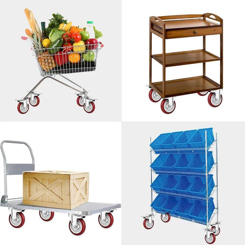 Collage of four wheeled storage items: grocery cart, wooden service trolley, flat utility cart, blue-bin wire rack.