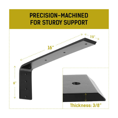 Heavy Duty 16 Inch L Bracket Shelf Support For Floating Shelves Countertops Wall Mounts And Hanging Installations Built Tough From Solid Steel For Maximum Weight Capacity, black bracket shown with dimensions