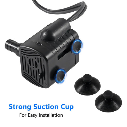 Tiny Yet Mighty Submersible Water Pump, 3W Adjustable Flow Up To 50 GPH with suction cups for easy installation shown