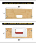 Heavy Duty Bamboo Router Template Kit For Door Latch And Deadbolt Strike Plates showing latch and strike templates with dimensions.