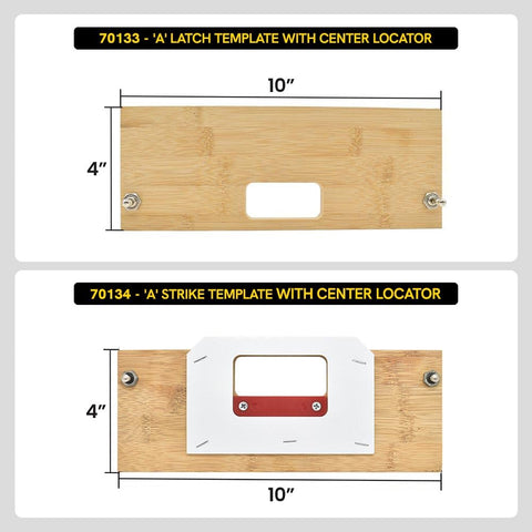Heavy Duty Bamboo Router Template Kit For Door Latch And Deadbolt Strike Plates showing latch and strike templates with dimensions.