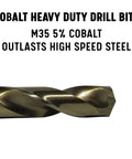 Close-up of cobalt heavy-duty drill bit highlighting M35 5% cobalt outlasting high-speed steel for 1/4 Inch Cobalt Aircraft Extension Drill Bit Pack Of 12, 12 Inch Length, 135 Degree Split Point For Tough Metals Like Stainless Steel Inconel Titanium, Round Shank, Gold Oxide Finish, Beast Mode Heavy Duty Drill Bit Kit GLBCO Series.