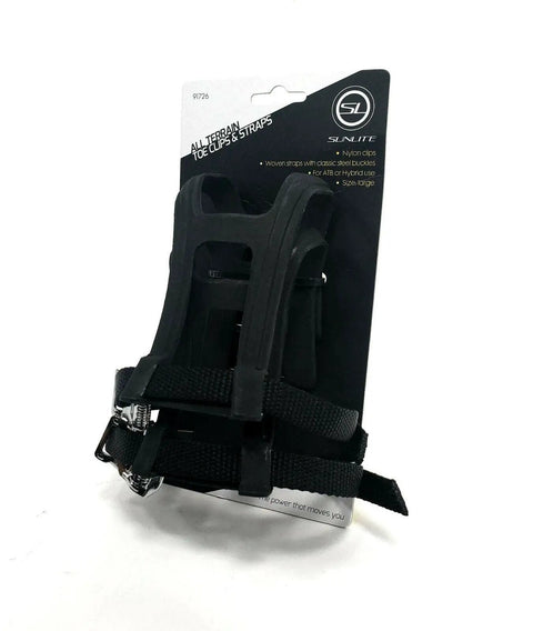 ATB Toe Clips and Straps Nylon Full Cage Toe Clips With Woven Straps for ATB and Hybrid Bikes Large Size packaging