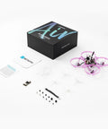 Ultra Light Brushless Whoop Quadcopter With Matrix 5IN1 II Flight Controller and accessories on display next to packaging box.