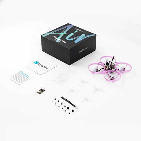 Ultra Light Brushless Whoop Quadcopter With Matrix 5IN1 II Flight Controller and accessories on display next to packaging box.