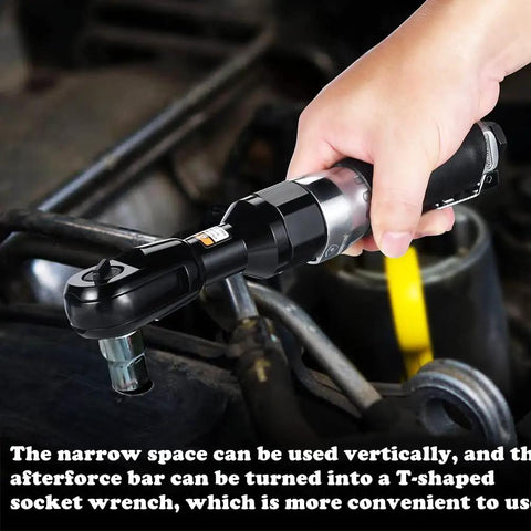 Person using the Three Eighths Inch Pneumatic Ratchet Wrench Beefy Heavy Duty Tool for Auto Shop Seventy Foot Pounds in tight space.