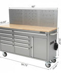 Side view of 61 Inch Rolling Tool Chest With 10 Drawers And Power Strip, Mobile Garage Workbench Cabinet, Solid Wood Top, Heavy Duty Steel Frame, 1675 Lb Load Rating, Durable Rolling Cart.