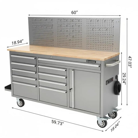 61 Inch Rolling Tool Chest With Ten Drawers For Garage, Heavy Duty Mobile Workbench Storage Cabinet With Power Strip.